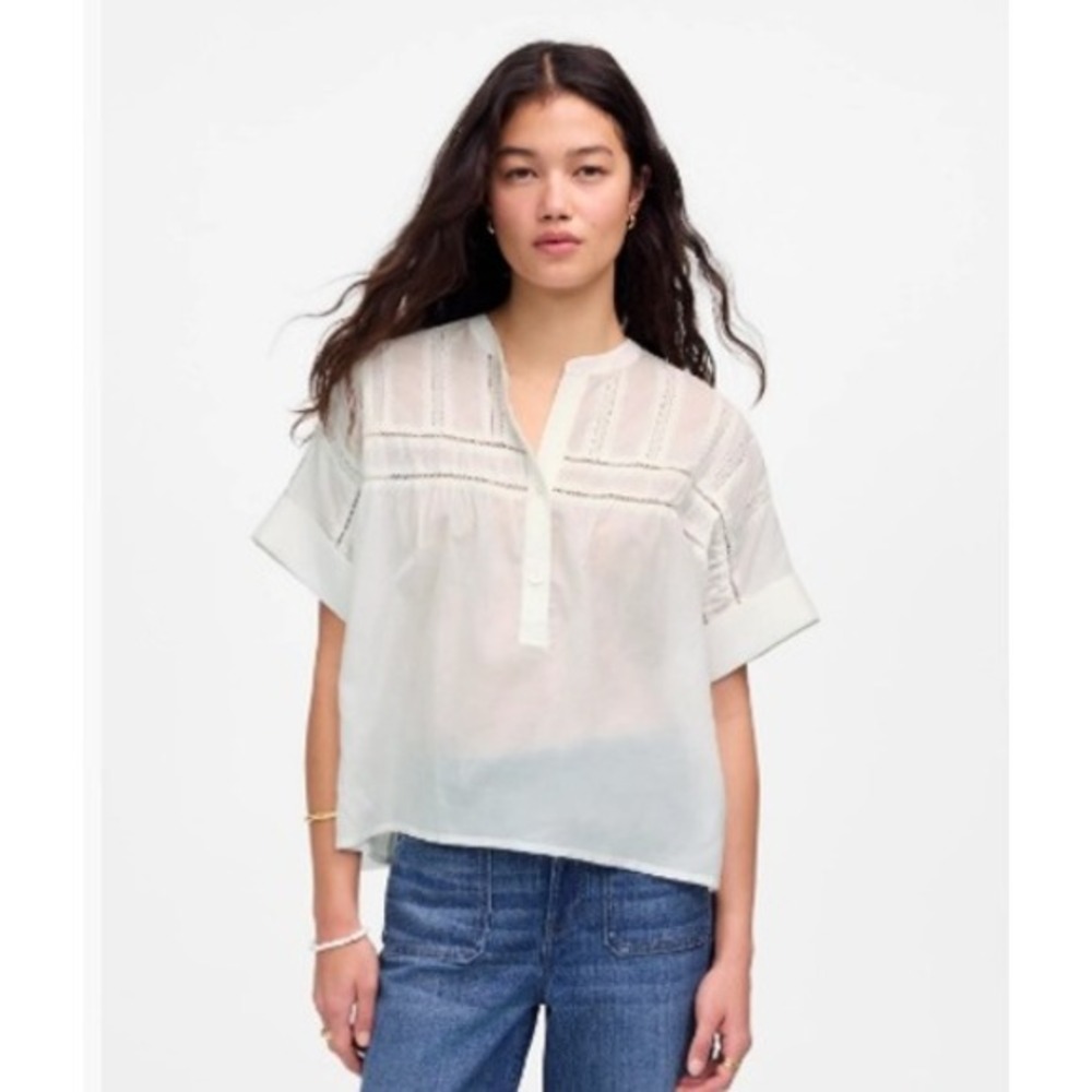 Madewell‎ Top Womens Small White Lace Inset Pintucked Henley Short Sleeve NU442